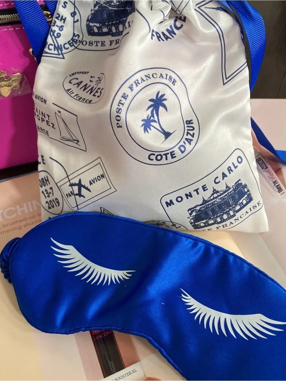 LANCOME silky drawstring pouch Bag + Sleep Eye Mask Travel white black set New